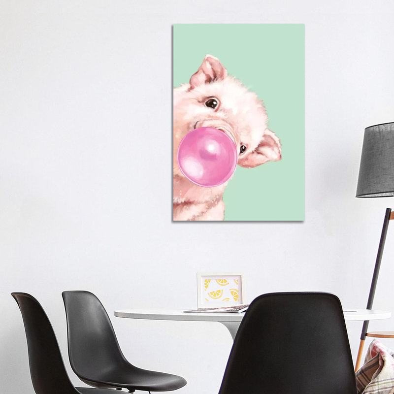 Sneaky Baby Pig Blowing Bubble Gum In Green by Big Nose Work - Wrapped Canvas Print, 101.6 cm H x 66.04 cm W x 3.175 cm D