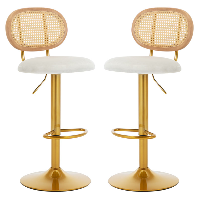 Atlis Swivel Upholstered Velvet Adjustable Height Bar Stool with Steel Frame, White