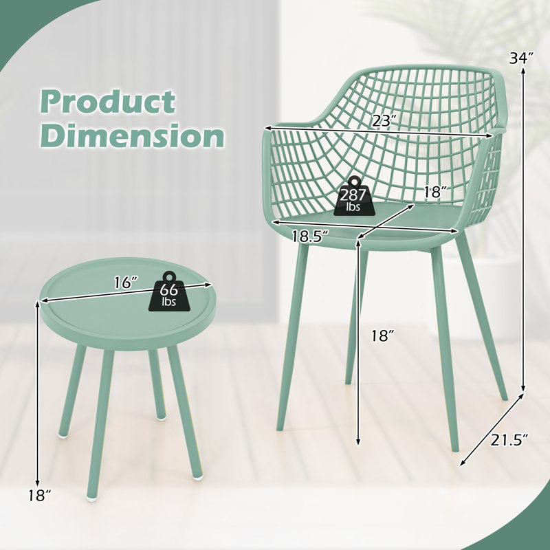 Ensemble de chaises de patio 3 pièces avec sièges en PP et plateau de table assorti pour véranda, vert, Vert