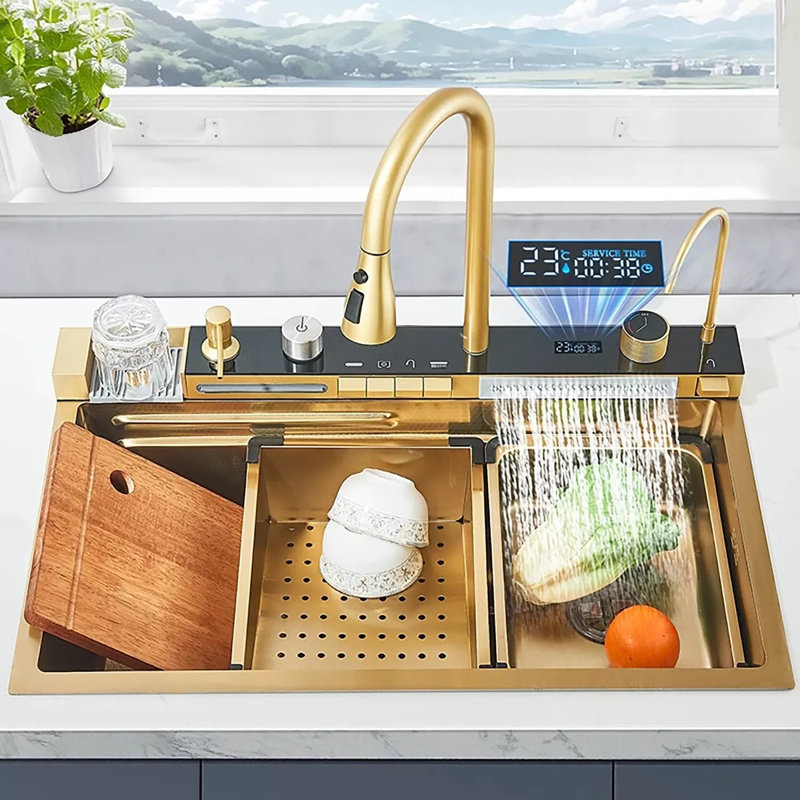 Kitchen Sink 304 Stainless Steel Single Bowl Kitchen Sinks, Digital Display Waterfall Sink, With Pull Down Sprayhead Faucet, With Pressurized Cup Washer and Two Waterfalls