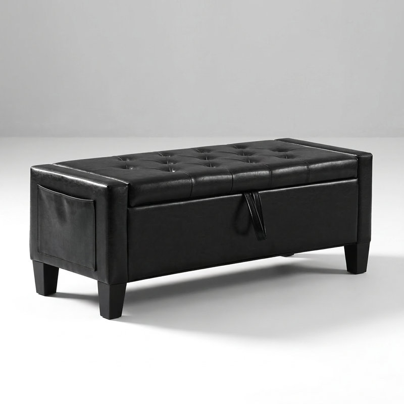 Upholstered Storage Ottoman Bench with Safety Hinge and Tufted Lid, Entryway Seating for Living Room and Bedroom, Black Fabric