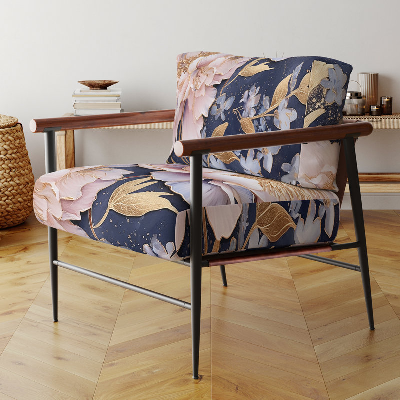 Fauteuil d'appoint rembourré floral rose avec pivoines roses sur fond bleu, Doré