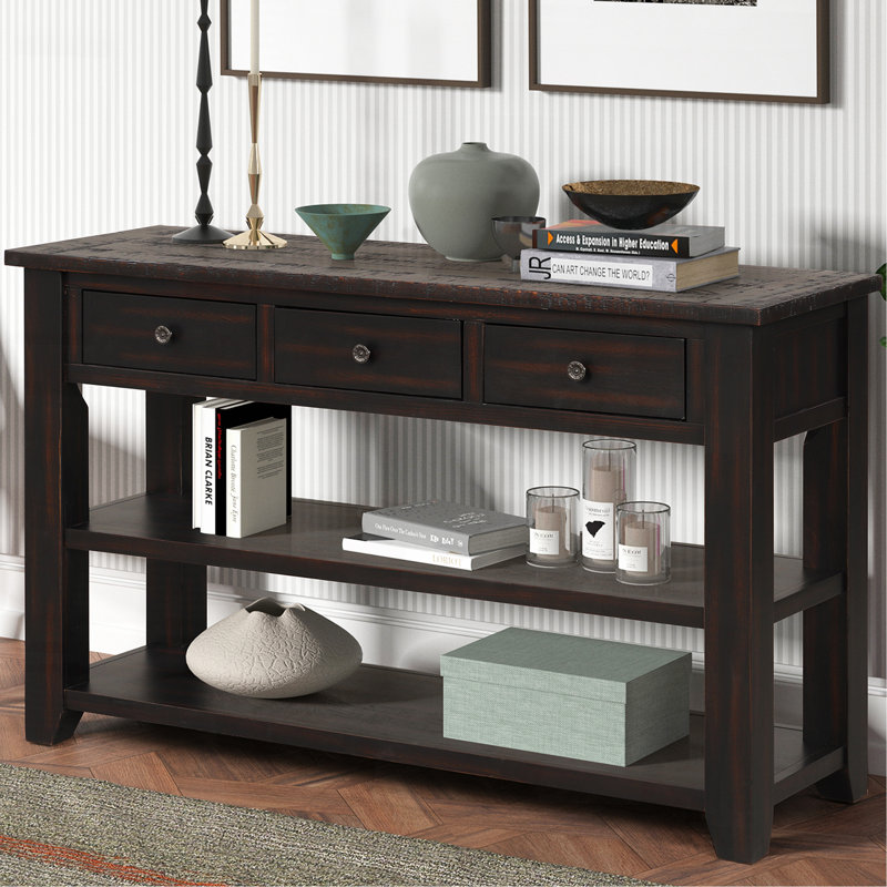 Versatile Wooden Console Table With Storage And Display Functionality, Distressed Black
