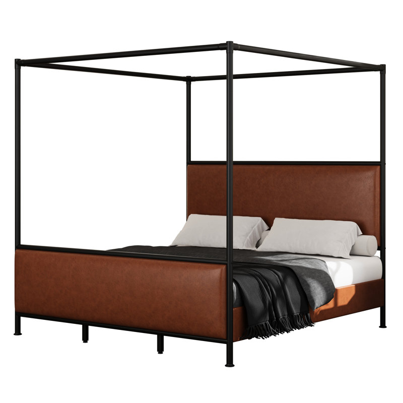 Lit à baldaquin brun très grand avec tête de lit tapissier en polyuréthane, pieds en fer, esthétique moderne et rétro, structure, confortable, sans sommier, cadre ouvert à assemblage rapide pour améliorer la pièce,
