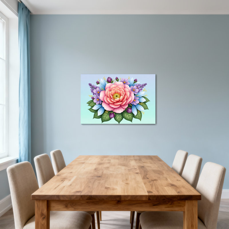 Arrangement floral de plantes et de fleurs avec rose rose et fleurs mauves, H 32 po x l 48 po