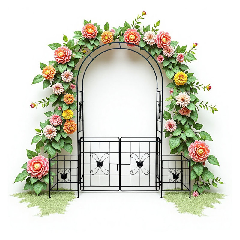 Tonnelle de jardin en métal noir avec barrière, treillis de mariage extérieur de 7,15 pi pour grimper aux roses et aux vignes