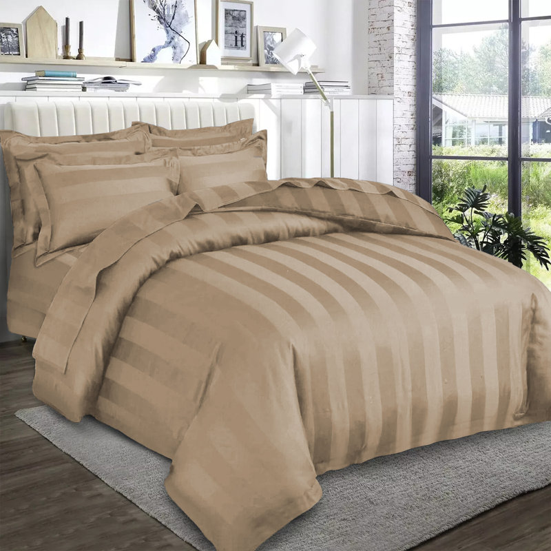 Renze Microfiber 250 TC Reversible Stripe Duvet Cover Set with Pillowcases, Beige, King Duvet Cover + 2 Standard  Pillowcases