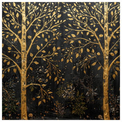 Golden Trees On Black Wall Tapestry - Foliage Wall Decor