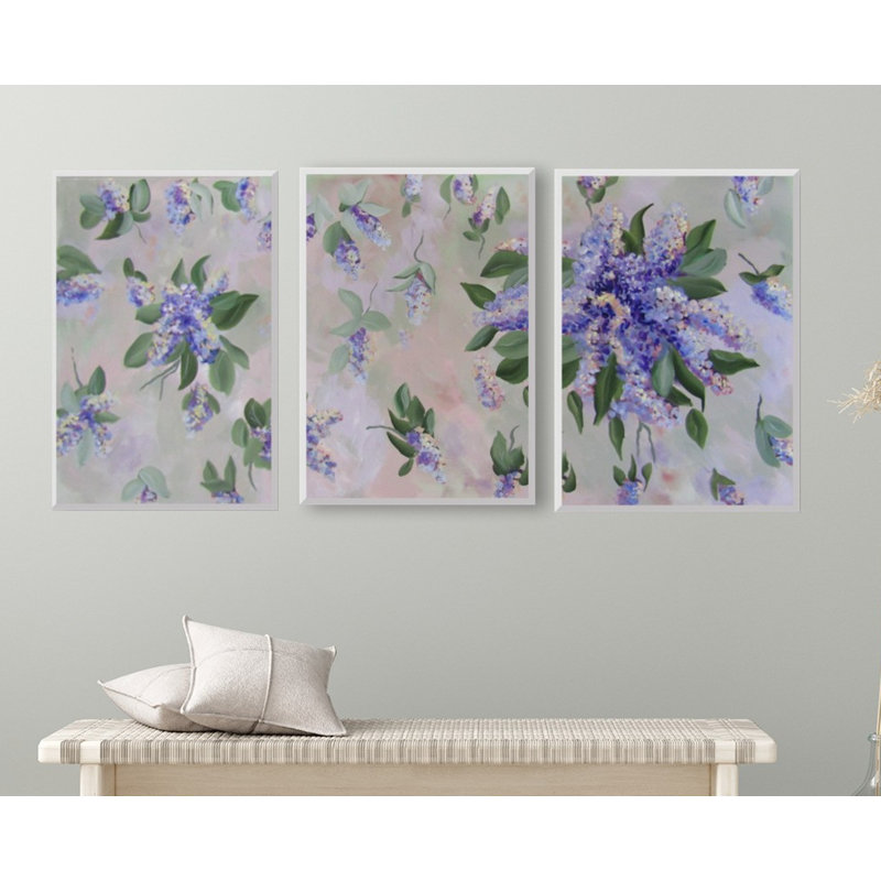 Ensemble de 3 estampes lilas par l'artiste locale Janet Burrows, H 33 po x l 81 po, Cadre argenté