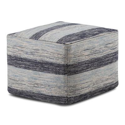 Clay 18"W Upholstered Cotton Boho Square Pouf in Blue Melange with Decorative Stitching