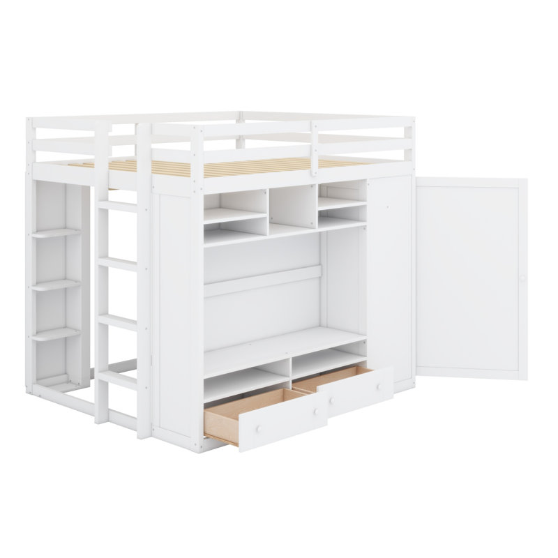 Lit mezzanine avec tiroirs, tablettes et lumière, Blanc