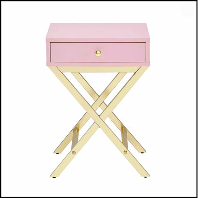 Table d'appoint à 1 tiroir rose et or - Placage de bois et base en X en métal (table seulement - sans chaise)