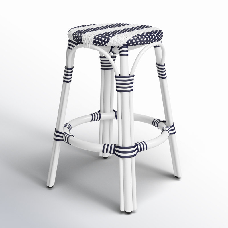 Tabouret de bar et de comptoir en rotin tissé à la main Alastair, Blanc / rayure marine / cadre en rotin blanc