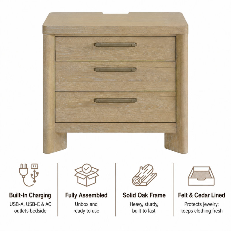 Juliano 28" Wide 3-Drawer Nightstand in Beige with USB Charging, Beige