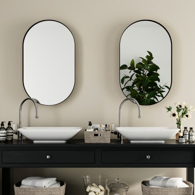 20.89X34.4X4.46 Inch Oval Recessed Bathroom Cabinet, Matte Black Metal Frame, Mirror With Adjustable Shelves, Sleek Design Medicine 20X34 Inch, Frame And Functional Unit For