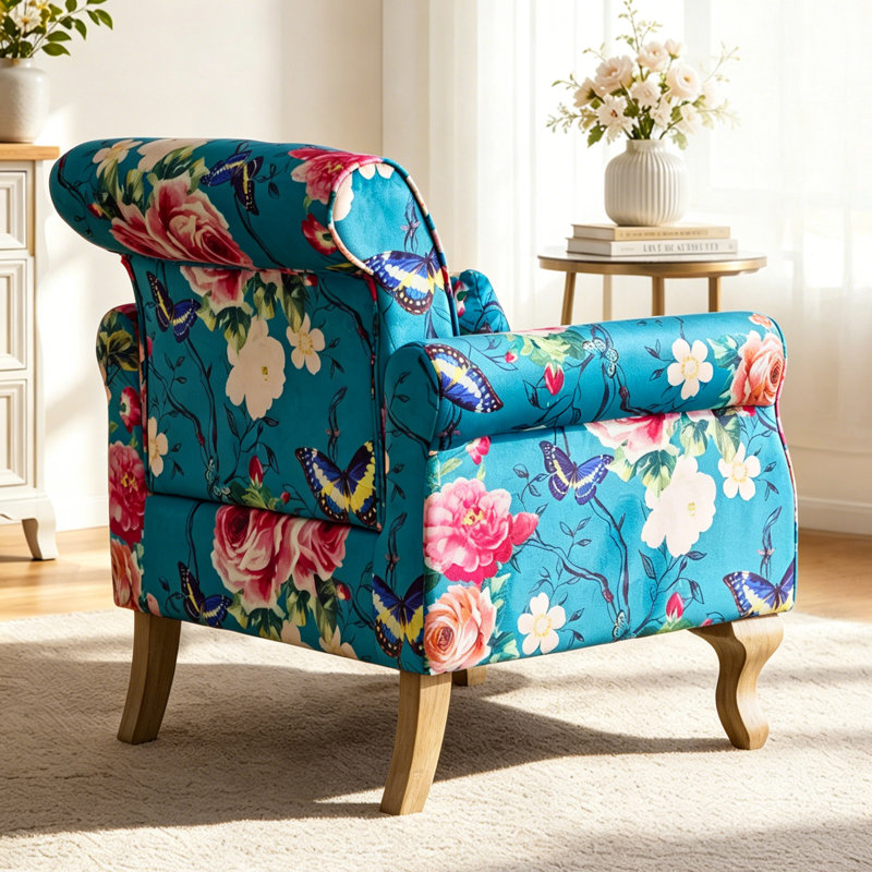 Chaise d'appoint en velours à imprimé floral avec coussin, pieds en bois massif, Blue/Pink