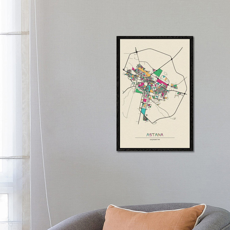 Astana, Kazakhstan Map by Ayse Deniz Akerman - Print on Canvas, Black Floater Frame, 152.5 cm H x 101.5 cm W
