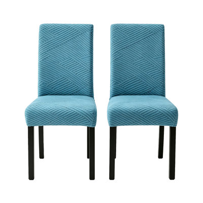 2 Pieces Elastic Flannel High Back Parsons Chair Slipcovers, Embossed Cross Geometric Stripes Lake Blue All In One Stretch Dining Chair Protector Detachable Machine Washable Cover for Indoor Household Dining Furniture