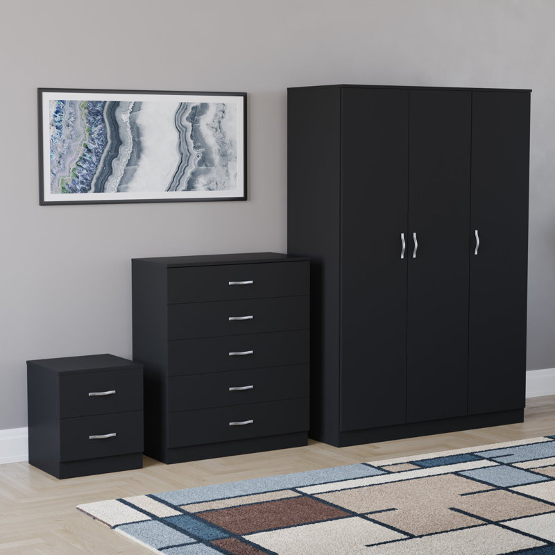 Maybery 3 Piece Bedroom Set (2 Drawer Bedside Chest, 5 Drawer Chest, 3 Door Wardrobe), (5), Black