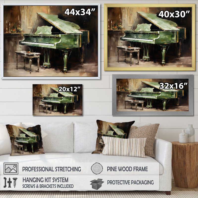 «Green Piano Impressionist», instrument sur toile, Cadre flottant noir, H 24 po x l 32 po