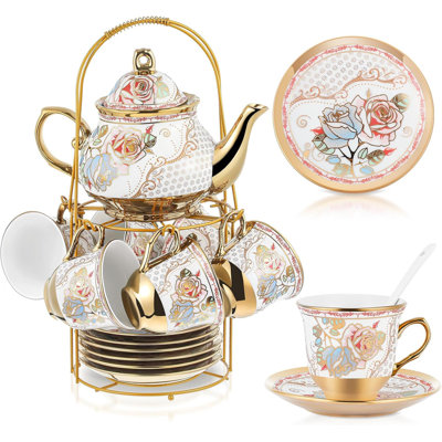 20 Pcs Porcelain Tea Set with Metal Holder and Spoon Adult Ceramic Tea Set
