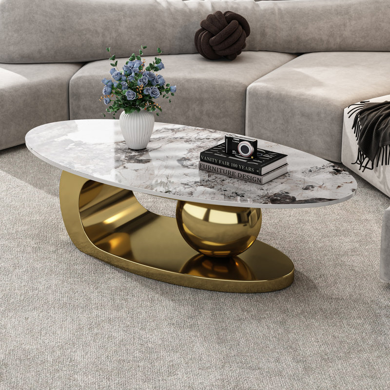 Table basse 49,2 pouces ovale en faux marbre avec base en acier inoxydable