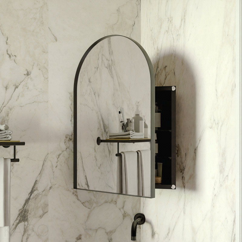 Pharmacie d'angle en métal 18 x 24 pouces avec miroir arqué, tablettes en verre réglables, rangement pour salle de bain peu encombrant