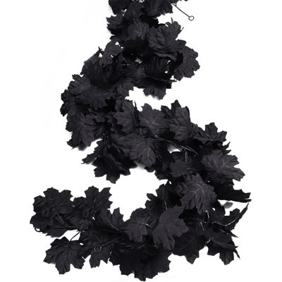 Black Fall Maple Leaf Garland Autumn Hanging Halloween Decorations | 2Pack Artificial Outdoor Plants Burgundy Wedding Harvest Thanksgiving Indoor Table Fireplace Door (Black)