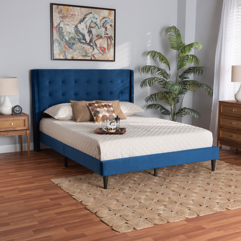 Lit plateforme grand et moderne en tissu de velours gris Meiya Gothard, Bleu marine, Très grand