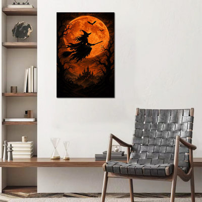 Halloween Wall Art, Vintage Gothic Witch Flying Silhouette with Moon, Spooky Bat Night Canvas Decor