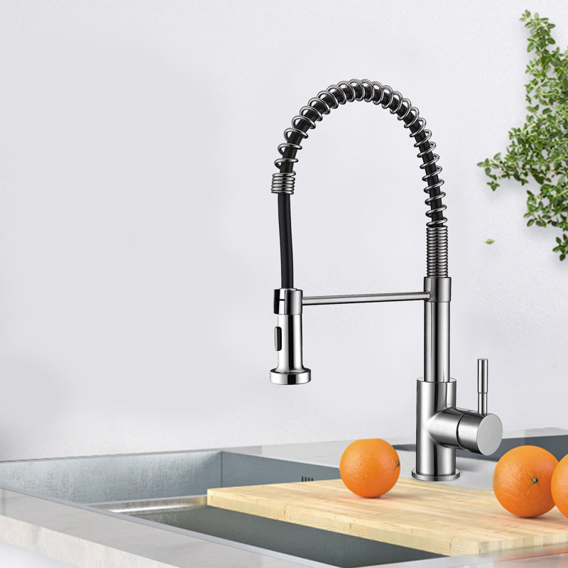 Brushed Nickel Single Handle Pull Down Kitchen Faucet with Spring Neck