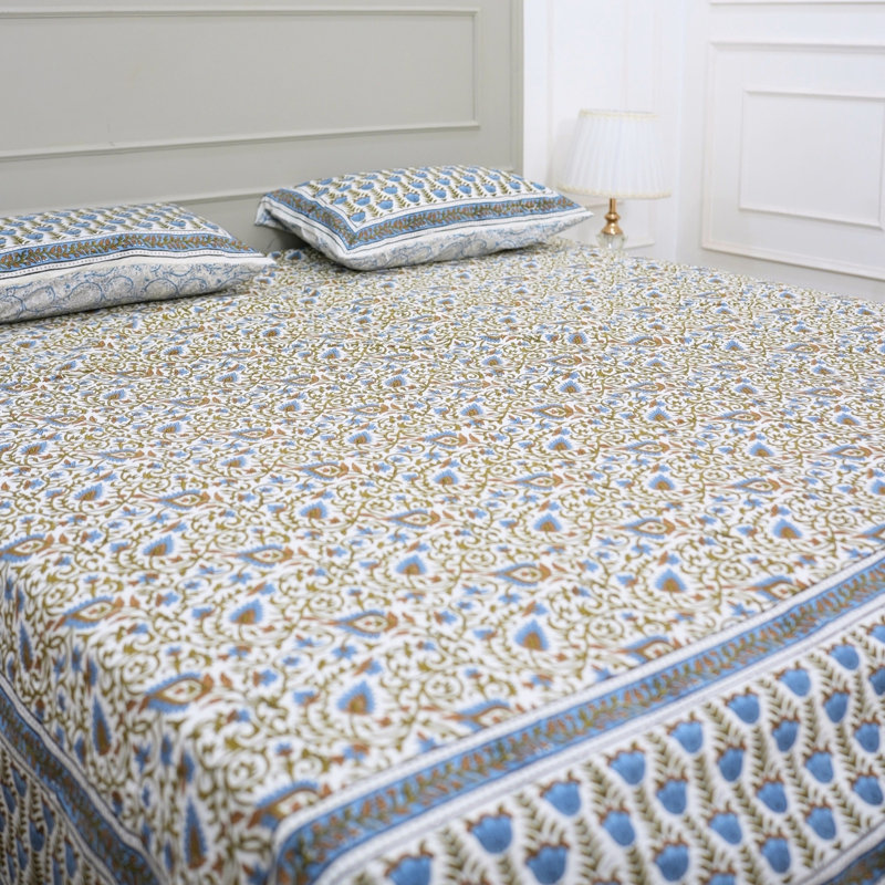 Fabdivine Pure Cotton Bedsheet Set – Handcrafted Comfort with Matching Pillow Covers, Hawamahel, Blue/Yellow Floral