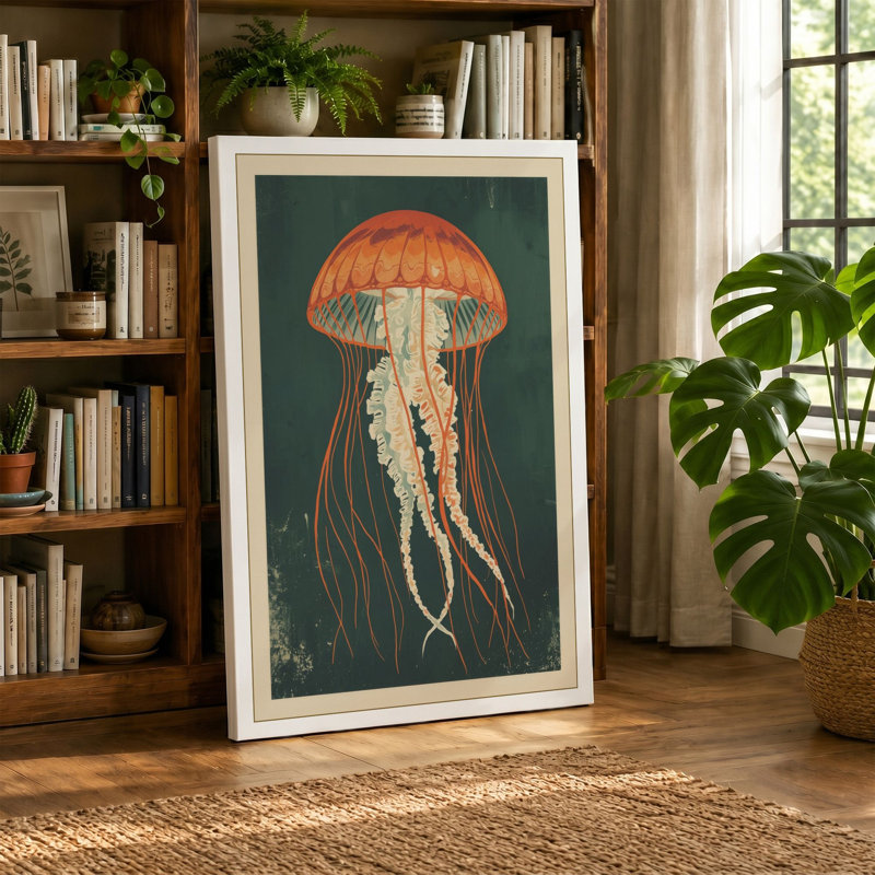 Jellyfish Depths Japandi 1 Piece Wrapped Canvas Wall Art, 36x24 - 91.4 x 61.0 cm, Terracotta Border