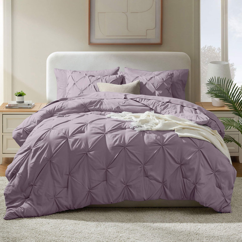 Bed-in-a-Bag Pinch Pleat Comforter Set with Bed Sheets & Memory Foam Cooling Pillows, Dusty Purple
