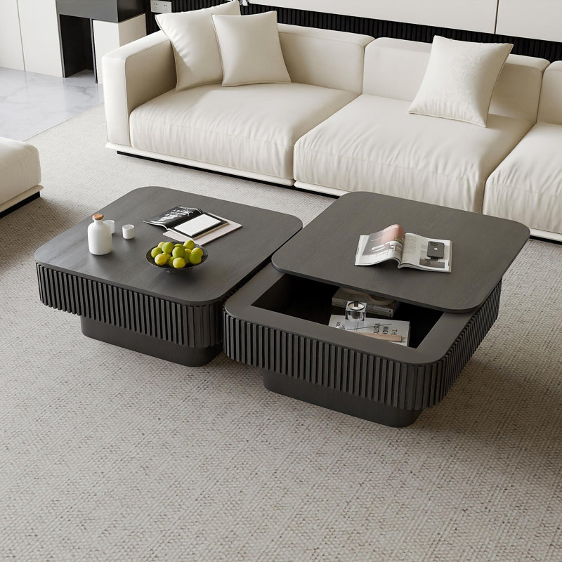 Table basse 31,5 po carrée avec rangement Table d'appoint moderne en placage de bois massif pour salon, chambre à coucher, appartement ou bureau, noir