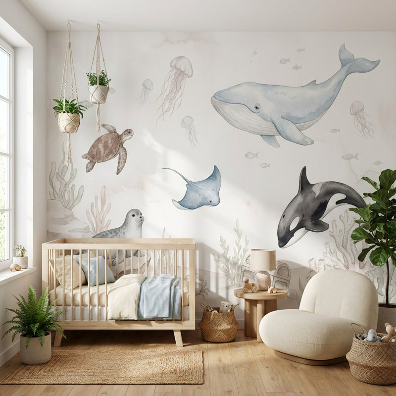 Décoration murale aquarelle sous-marine marine, 140 po x 108 po, Peler et coller