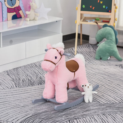 Cheval à bascule en peluche pour enfants avec ours, chaise pour enfants avec peluche douce et sons réalistes amusants, rose