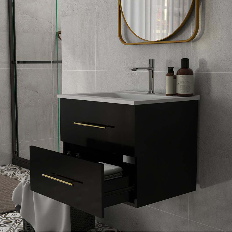 Meuble-lavabo mural brillant avec miroir, Noir, Doré, 24"
