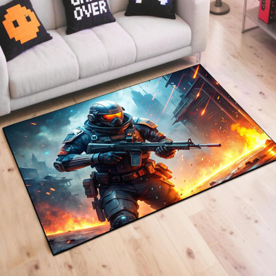 63" X 47" Fire Robot Shooting Battle Game Rug - Colorful Bomb War Design, Non-Slip Gaming Carpet For  Bedroom Playroom