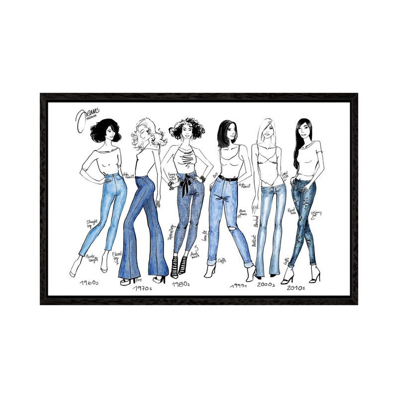 History Of Jeans Fashion Illustration by Blursbyai - Gallery-Wrapped Canvas Giclée on Canvas, Black Floater Framed