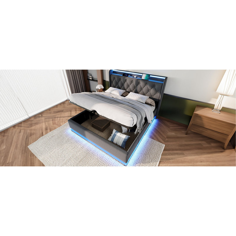 Grand lit tapissier, fonction DEL à 360 degrés, boutons / applications / télécommande, lit de rangement hydraulique avec chargement USB de type C, lin