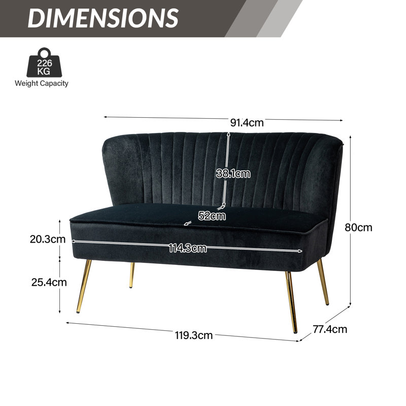 Lisette 119cm Mid-Century Modern Curved Back 2 Seater Sofa with Tufted Back, Black