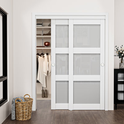 80" 3-Lite Primed Frosted Glass Sliding Closet Door with Full Installation Hardware Kit, Space Saving & Easy Assembly for Bedroom & Pantry