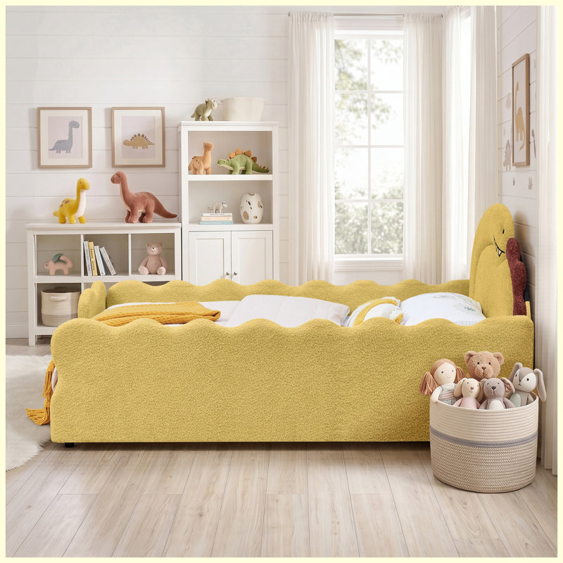 Lit double en forme de dinosaure avec barrière de sécurité, cadre de lit en bois massif, revêtement en tissu bouclé, pour enfants et tout-petits