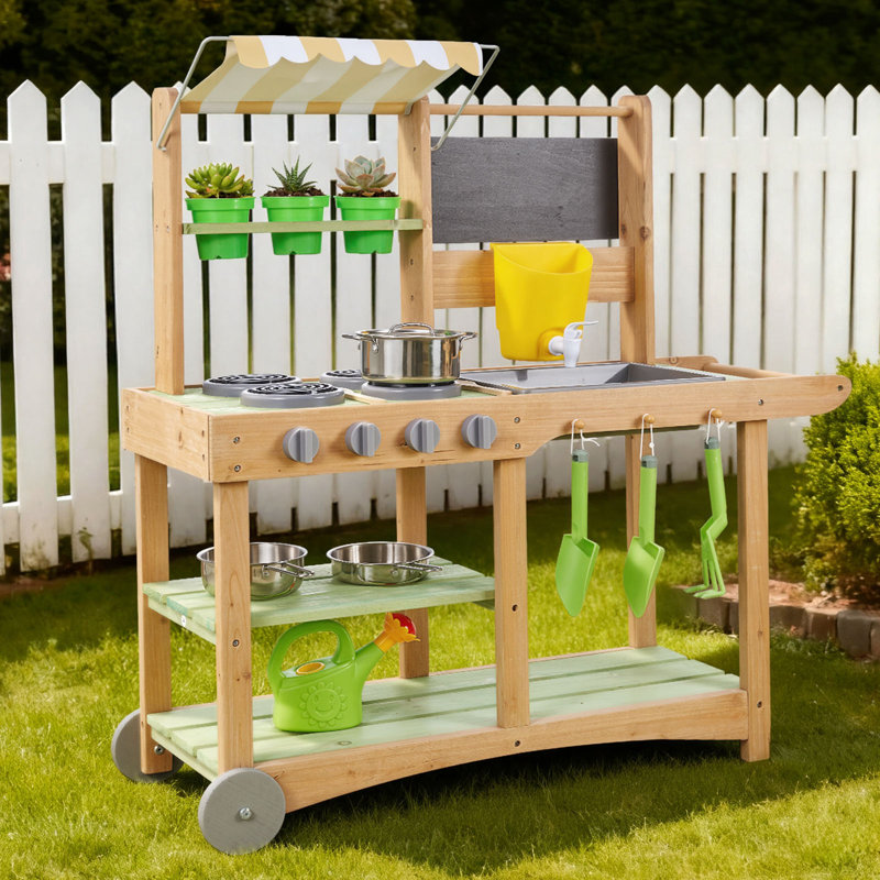 Mud Kitchen, Outdoor Mud Kitchen for Kids, Wood Outdoor Play Kitchens with Spoons, Sink, Sunshade Canopy, Swivel Wheels, Cookware Pots and Accessories, Wooden Play Kitchens for Home, Lawn