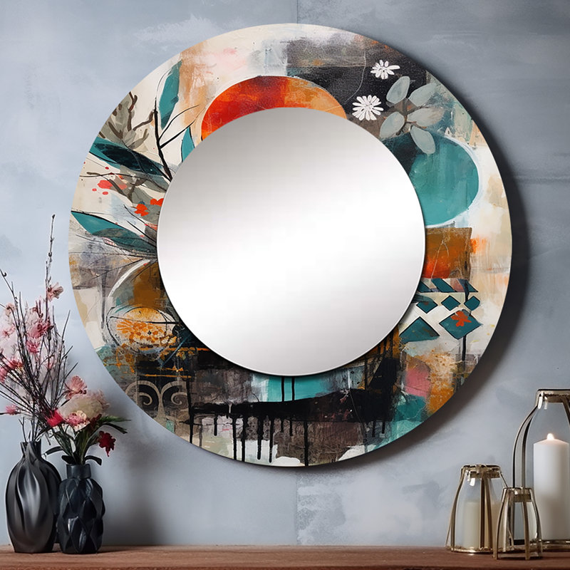Libération artistique verte et orange Rafaella - miroir de plumes bohème, miroir mural décoratif rond traditionnel, impression d'art en métal
