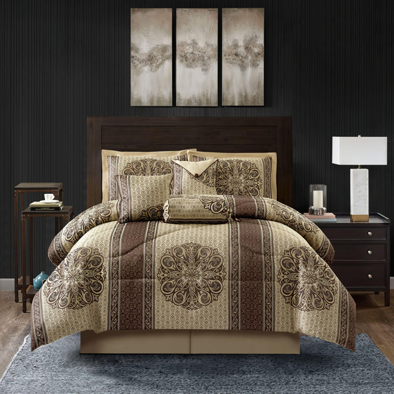 Myhand Microfiber 7 Piece Comforter Set, Queen Comforter + 6 Additional Pieces, Brown/Gold