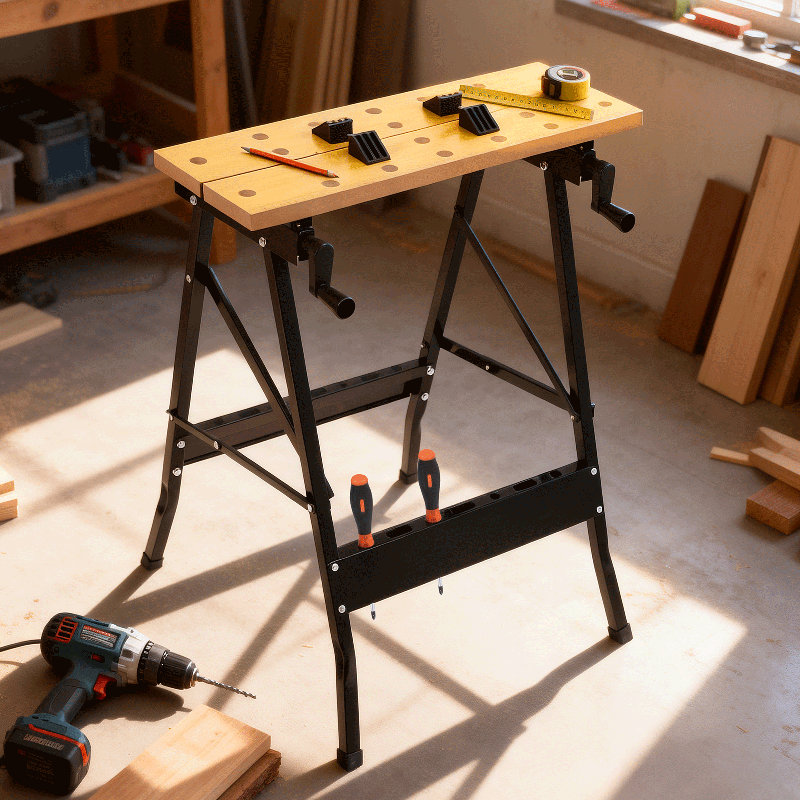 Foldable Wood Work Table Adjustable Workbench with Measuring Ruler and Protractor for Garage Home DIY