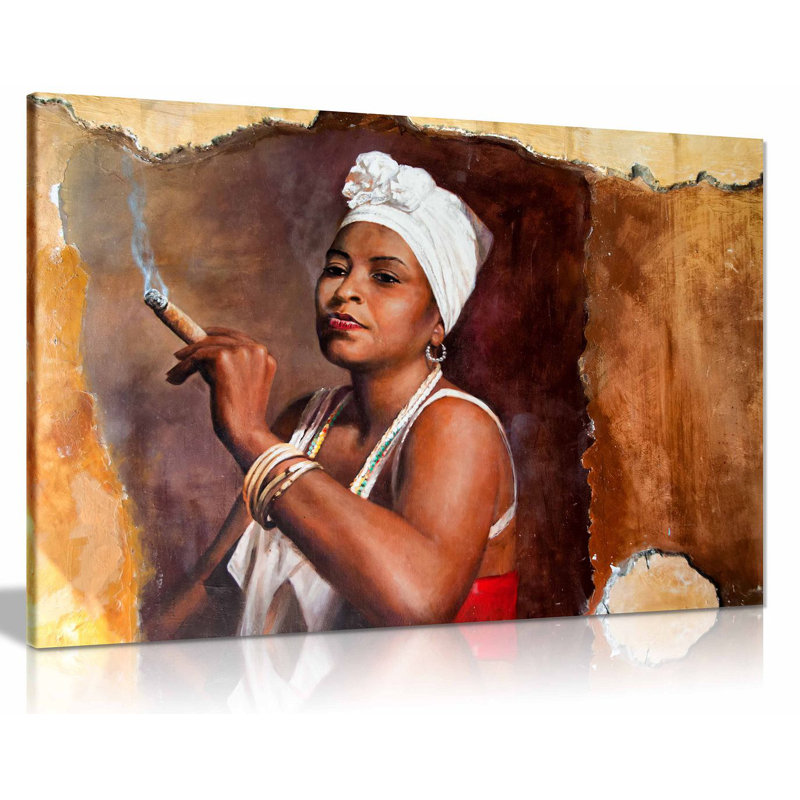 Cuban Woman With Cigar Brown - Wrapped Canvas Print, 20cm H x 31cm W