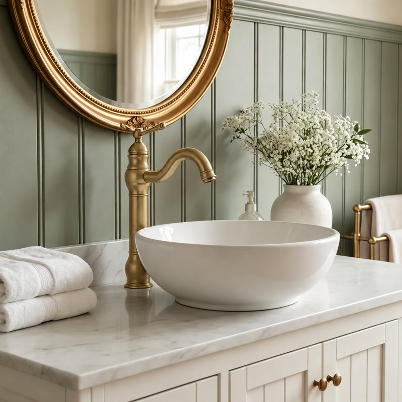 Vessel Sink Faucet, Single Handle Bathroom Faucet with 360° Swivel Gooseneck Spout, Antique Brass